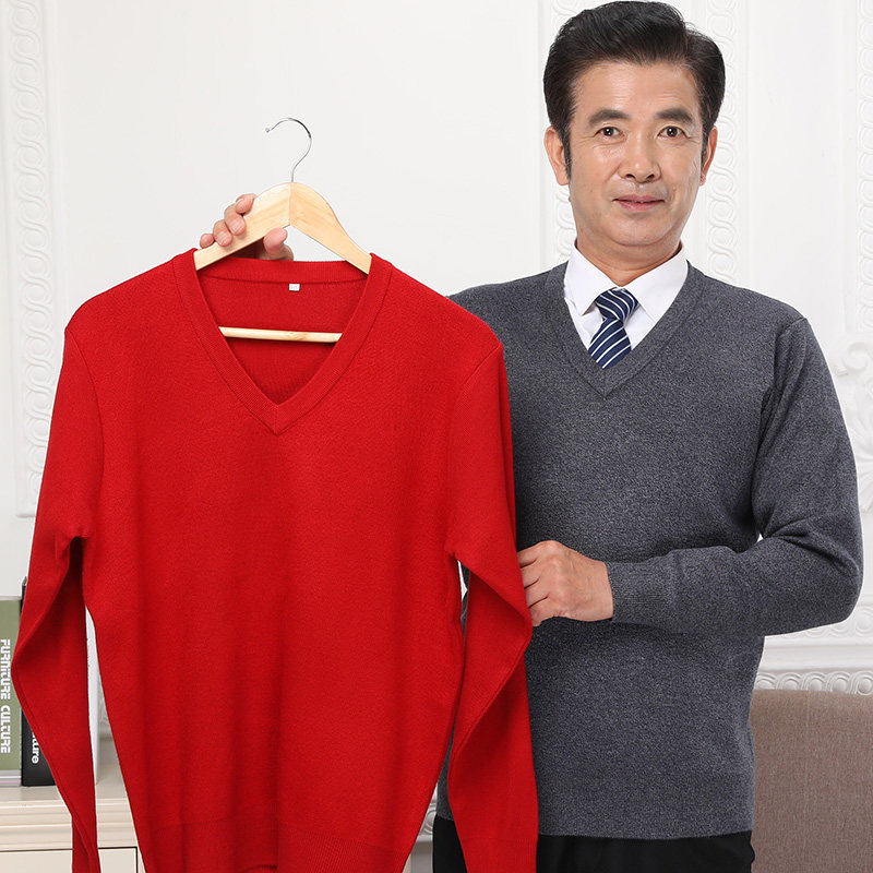 中年男士春秋V领打底线衫