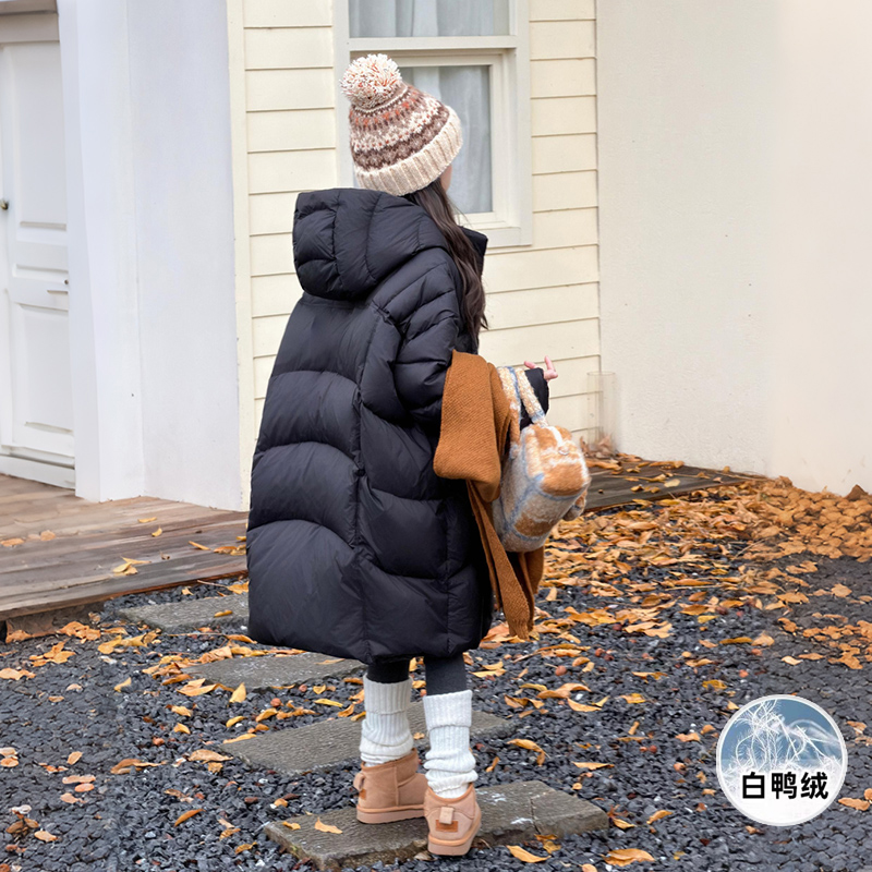 女童羽绒服2025新款冬装黑色韩版泡芙中长款加厚90白鸭绒连帽外套