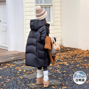 女童羽绒服2025新款冬装黑色韩版泡芙中长款加厚90白鸭绒连帽外套