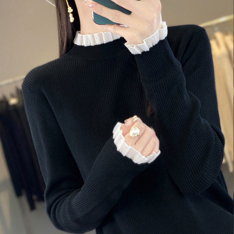 蕾丝打底衫女春秋季2025新款木耳边针织上衣漂亮小衫大码黑色毛衣
