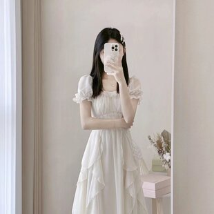 收腰显瘦中长款 法式 女装 方领甜美温柔仙女风连衣裙女夏季 裙子 新款