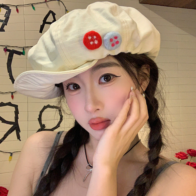 前进帽子复古棉麻八角云朵帽夏季彩色纽扣休闲时尚潮流简约女款
