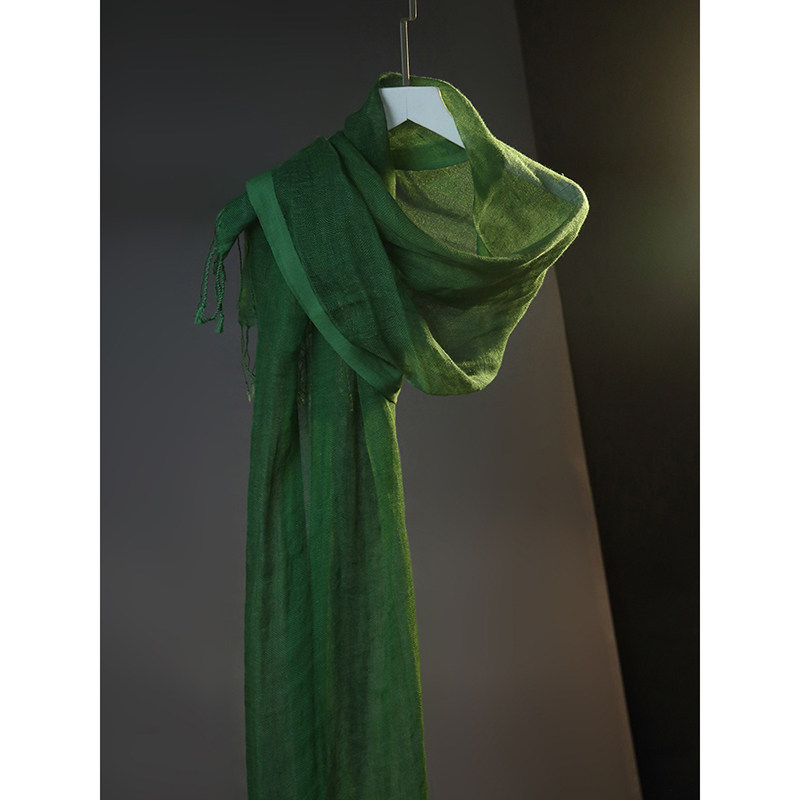 实力显白复古孔雀绿气质苔藓绿纯色亚麻丝巾纱巾夏季防晒遮阳围巾