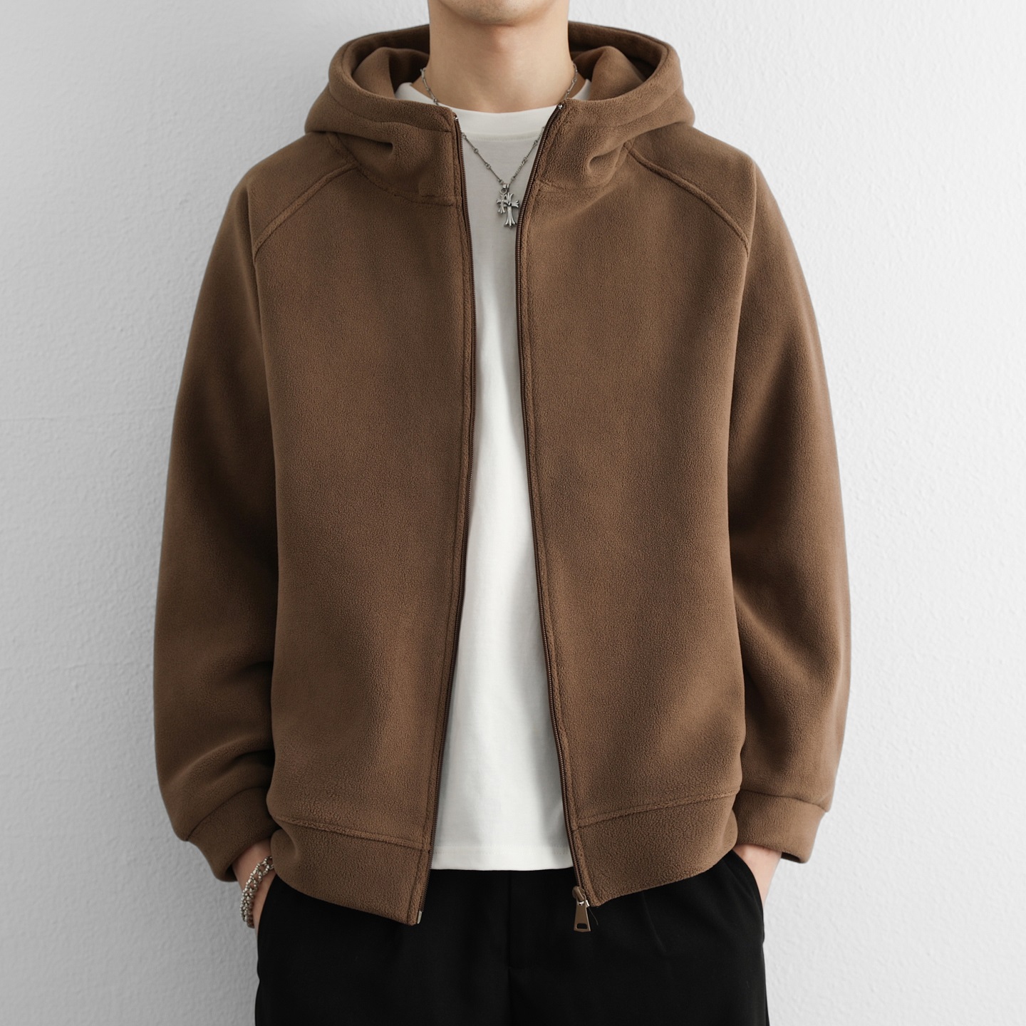 奥粒绒连帽宽外套男秋冬季加绒厚休闲青少年开衫卫衣手抓绒内胆男