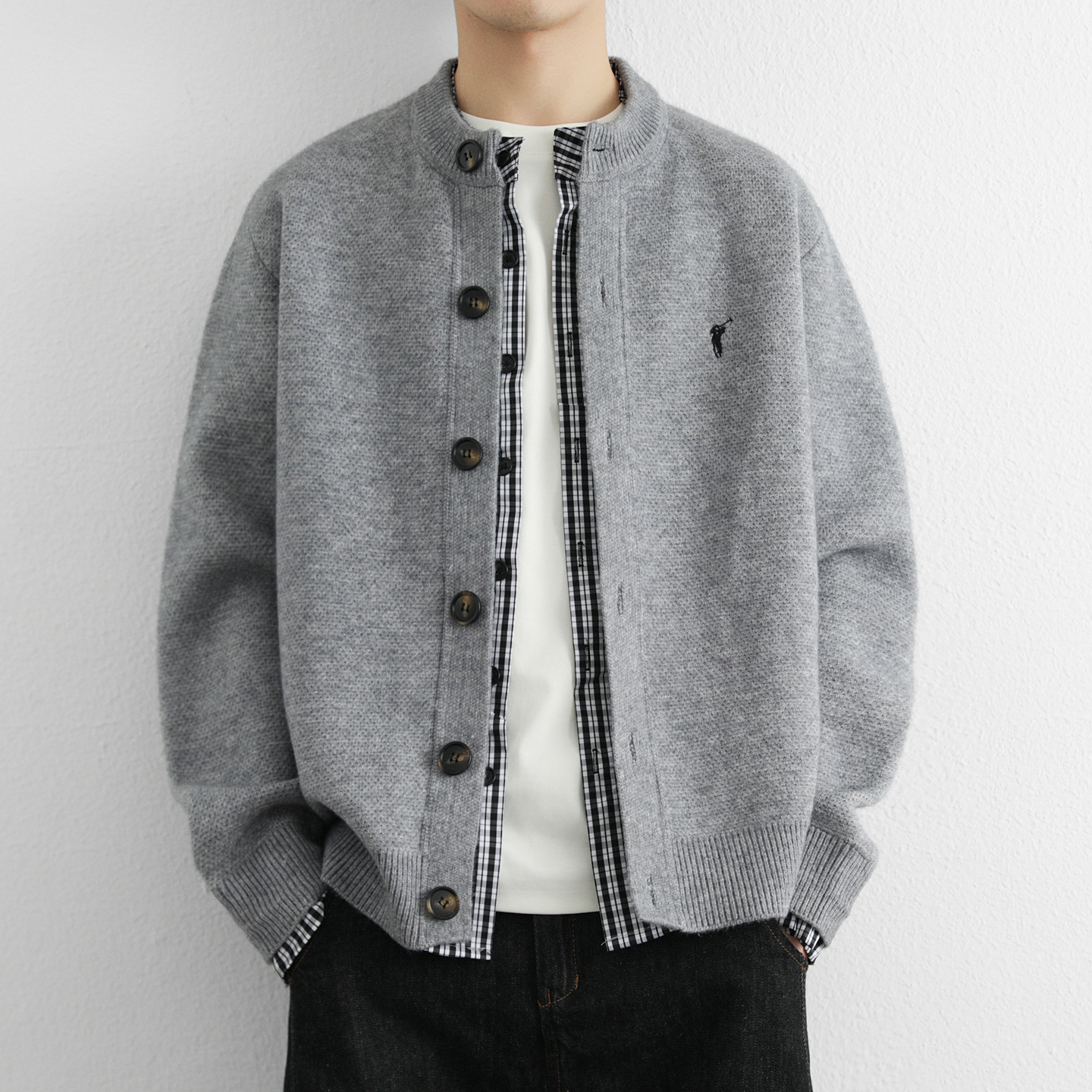 时尚拼接假两件毛衣男2025秋季新款休闲百搭开衫上衣青年针织外套