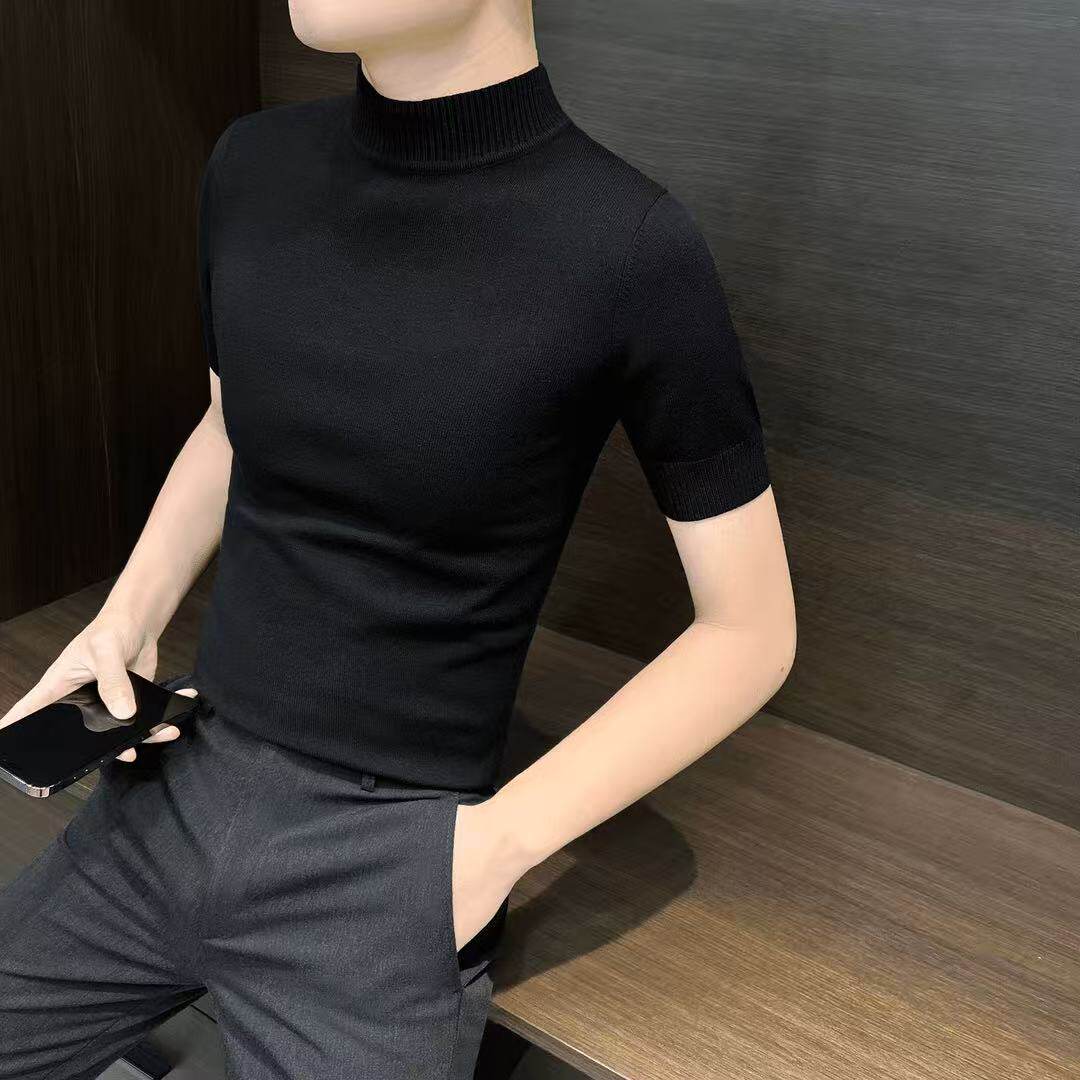 针织半高领男士打底衫短袖内搭2026新款秋冬长袖中领修身t恤男款
