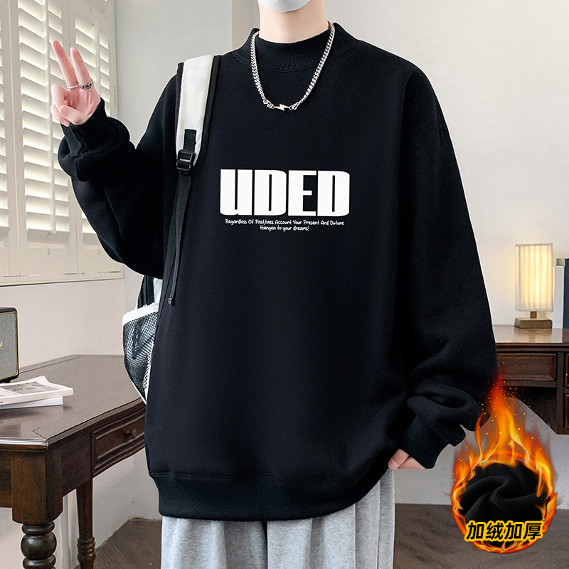 秋冬季半高领卫衣男孩高中初中学生加绒加厚青少年大童保暖上衣服