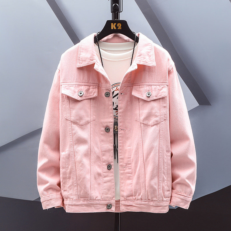粉色外套男春季青少年潮流韩版牛仔夹克早春男士个性修身春装褂子
