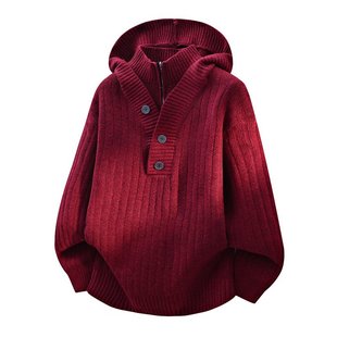 假两件红色连帽针织衫外套男款秋冬季慵懒松弛感高领毛衣内搭打底