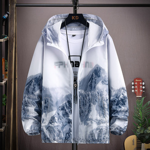 冰丝凉感防晒衣男士夏季轻薄透气连帽外套雪山印花户外钓鱼防晒服