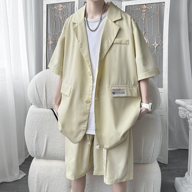 2025夏季薄款男士小西装中袖休闲冰丝垂感西服套装男宽松两件套