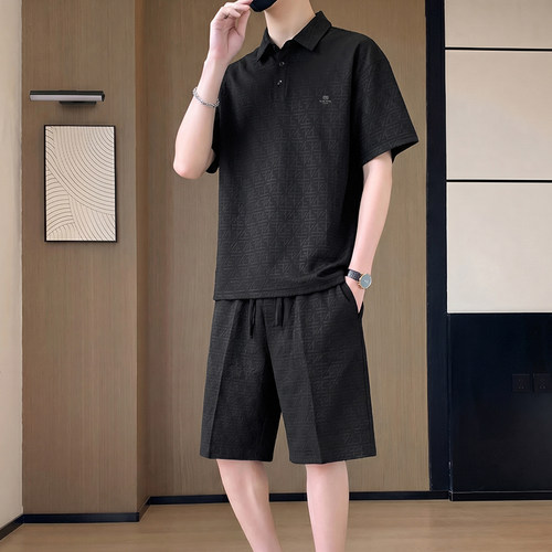 冰丝Polo衫男士休闲套装夏季潮牌翻领上衣短裤短袖t恤薄款两件套