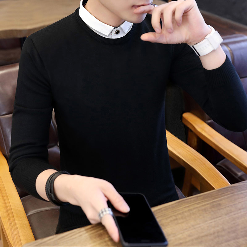 假两件毛衣男衬衫领秋冬季加绒加厚针织衫潮流带领衬衣男士上衣服