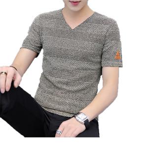 2026夏季新款冰丝镂空男士短袖T恤针织网眼V领半袖小衫薄款体恤潮