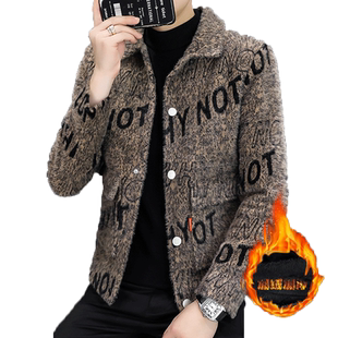 秋冬季男士水貂绒夹克翻领加绒潮流加厚短款风衣男装青年毛呢外套