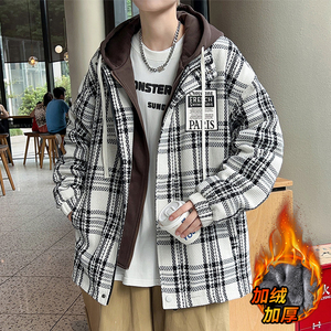 假两件外套男冬季加绒加厚格子夹克男连帽秋冬款高级感潮流上衣服