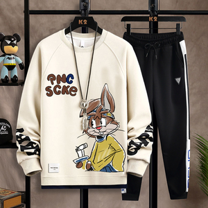 春秋季卫衣卫裤套装男士新款潮牌卡通印花长袖t恤男青少年两件套