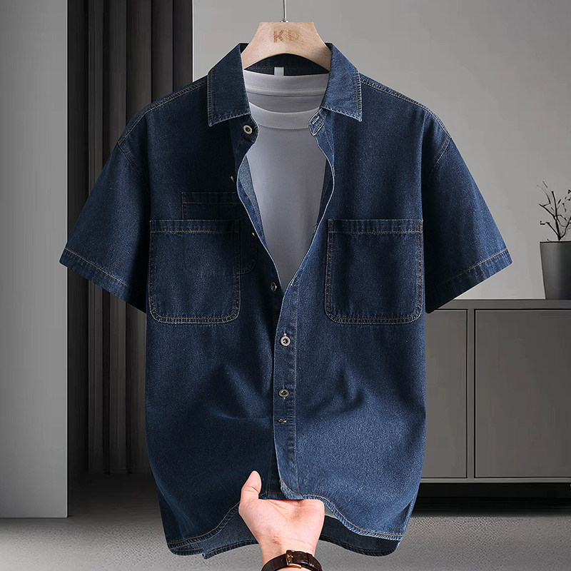 牛仔短袖衬衫男款夏季新款痞帅衬衣夏天薄款宽松天丝工装休闲外套