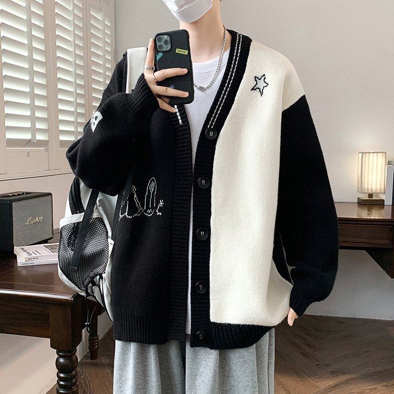 V领开衫毛衣男2025新款撞色针织衫夹克男秋冬季痞帅毛线衣褂子男