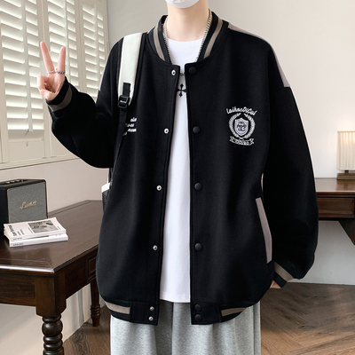 徽章刺绣棒球服男春秋季学院风撞色插肩袖夹克青少年宽松休闲外套