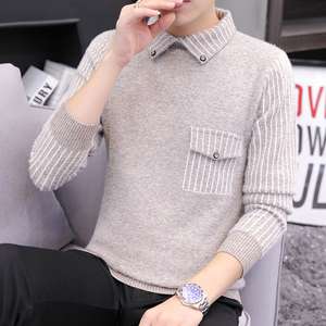 假两件毛衣男秋冬款潮流仿貂绒条纹针织衫潮牌帅气衬衫领秋装上衣