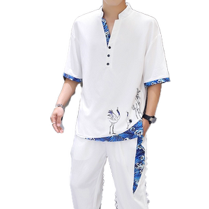 棉麻套装男夏季薄款亚麻短袖t恤潮流刺绣中国风男装帅气一套衣服