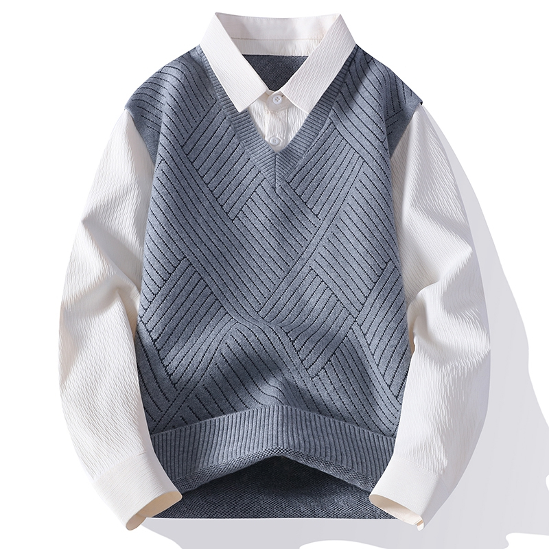 日系假两件长袖衬衫男春秋季潮流内搭针织毛衣美式宽松学院风衬衣