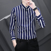 潮流帅气条纹衬衫 弹力免烫修身 男士 秋装 长袖 休闲衬衣2026秋季 寸衫