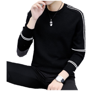上衣衫男2026秋冬季新款圆领条纹针织衫薄款毛衣男修身潮牌打底衫