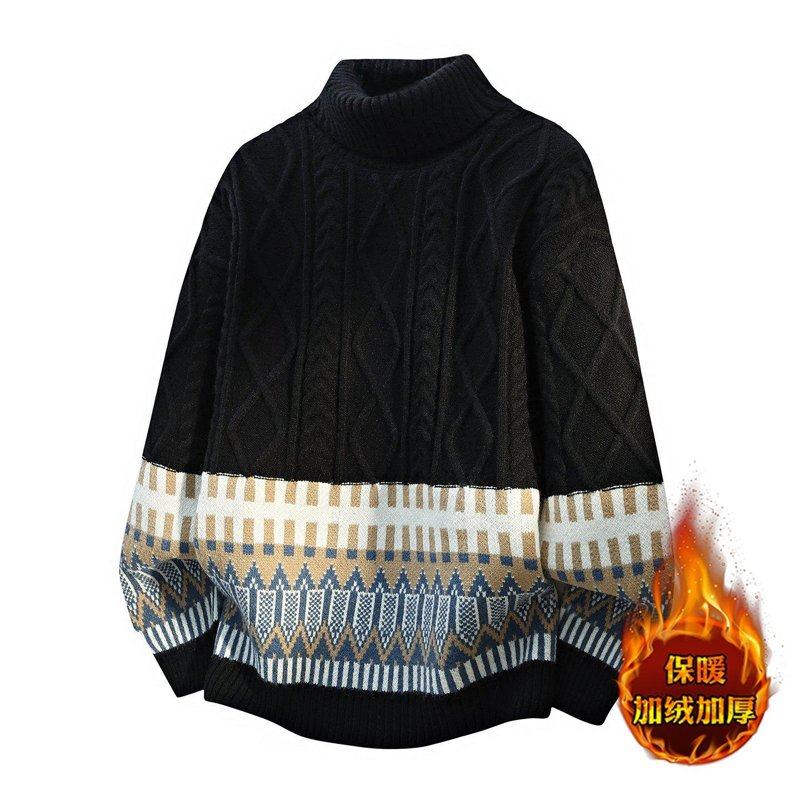 高领毛衣男秋冬季新款麻花拼色针织衫男加绒加厚保暖内搭毛线衣服