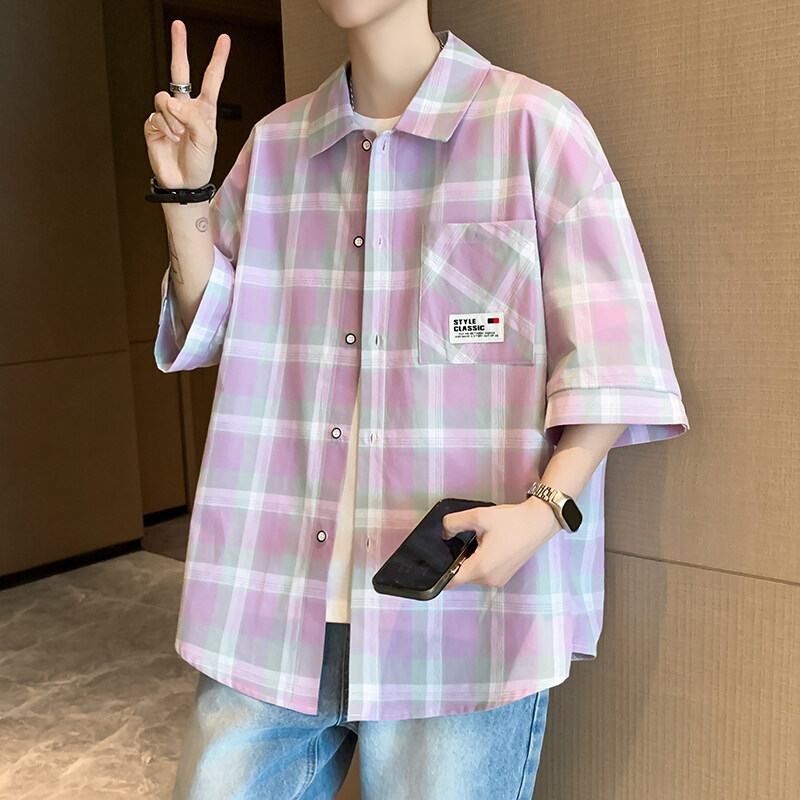 港风格子衬衫男夏季新款多巴胺宽松纯棉短袖衬衣男生半袖寸衫外套