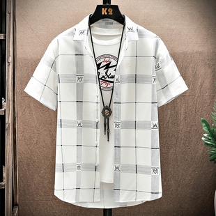 衬衫 外套潮牌痞帅条纹衬衣男装 男夏季 休闲男士 上衣服 新款 格子短袖