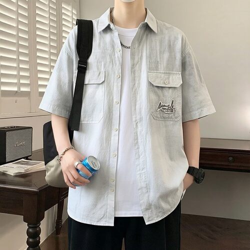 纯棉短袖衬衫男夏季扎染印花衬衣外套男宽松休闲上衣痞帅港风寸衫
