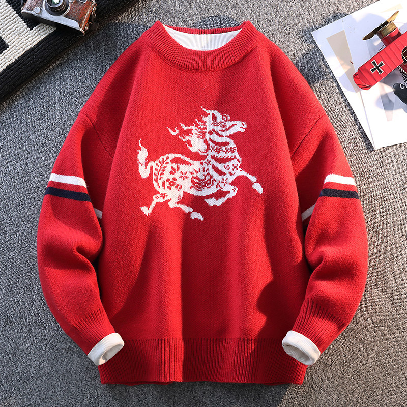 本命年大红色毛衣秋冬季男加厚高级感粗麻花针织外套马年情侣线衣