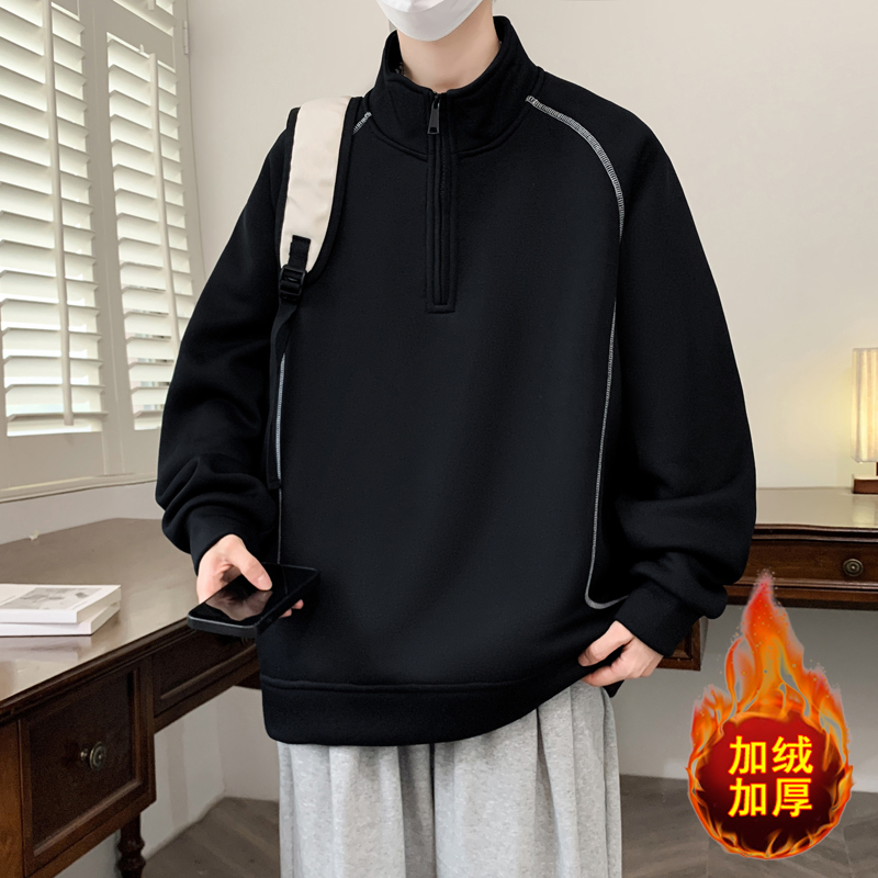 卫衣男生加绒加厚秋冬季新款休闲半高领美式外套男装保暖上衣服潮