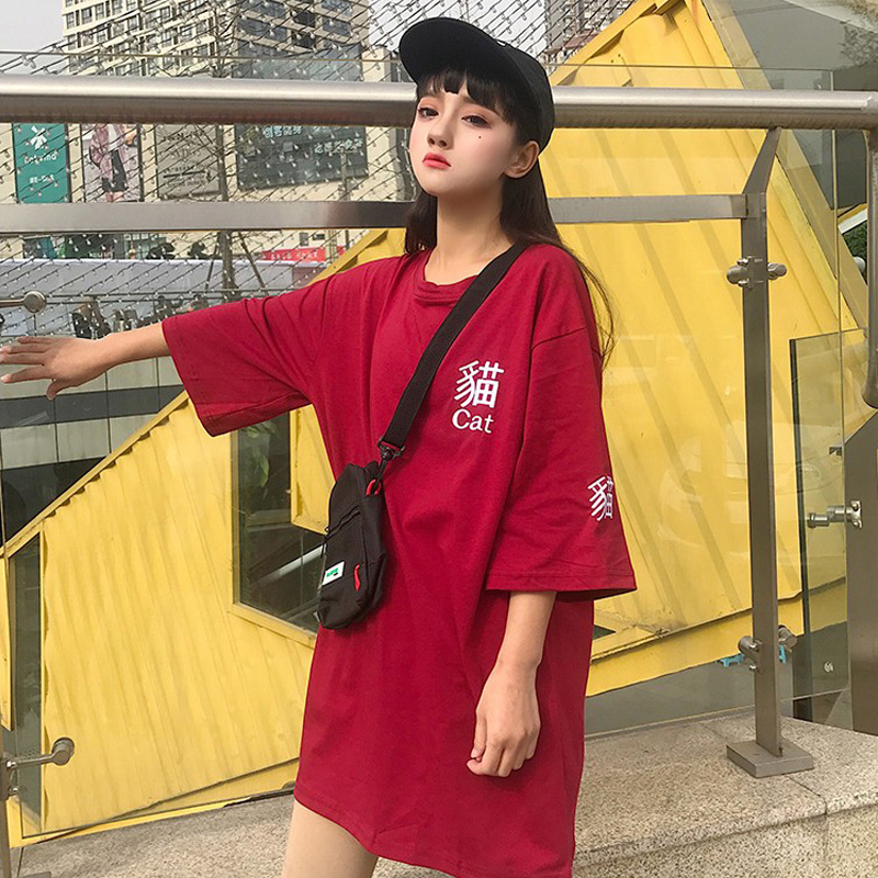 韩国ulzzang原宿风bf夏韩版宽松中长款短袖T恤港味复古chic上衣女