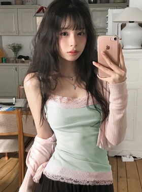 SWEETOWN可爱俏皮#纯欲甜辣妹粉绿色蕾丝花边背心小众显瘦吊带夏