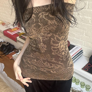 SWEETOWN古着感vintage图腾印花抹胸小众复古修身 辣妹背心上衣女
