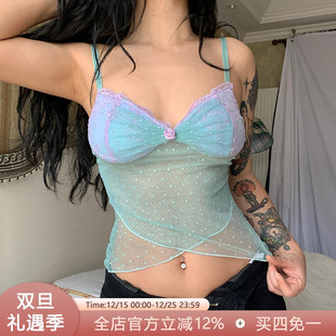 SWEETOWN意形美人鱼波点撞色胸型吊带网纱透视露背辣妹背心上衣夏