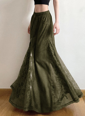 SWEETOWN赎罪绿#古着感森系蕾丝拼接包臀鱼尾半裙显瘦A摆半身长裙