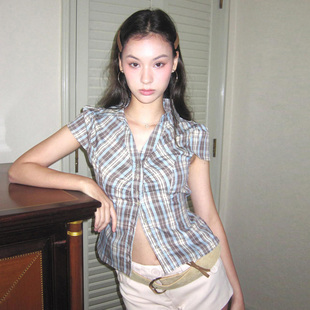 SWEETOWN美式 復古藍色系排扣格子襯衫 綁帶褶皺顯瘦短袖 上衣 辣妹