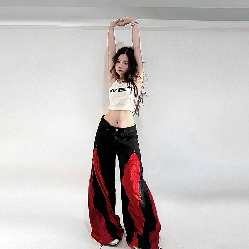 SWEETOWN赤焰少女#炸街跳舞拽酷撞色工装裤低腰宽松阔腿休闲裤潮