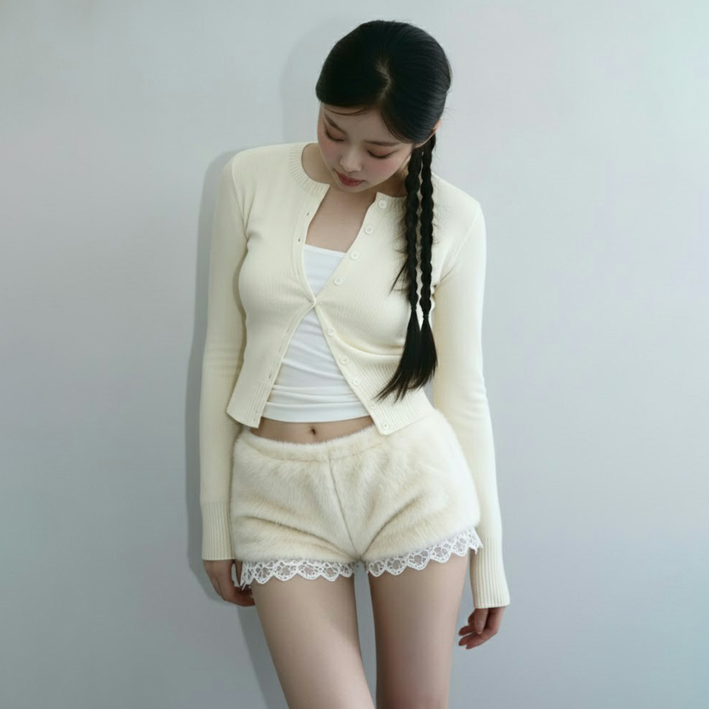 日系纯欲蕾丝花边毛毛短裤