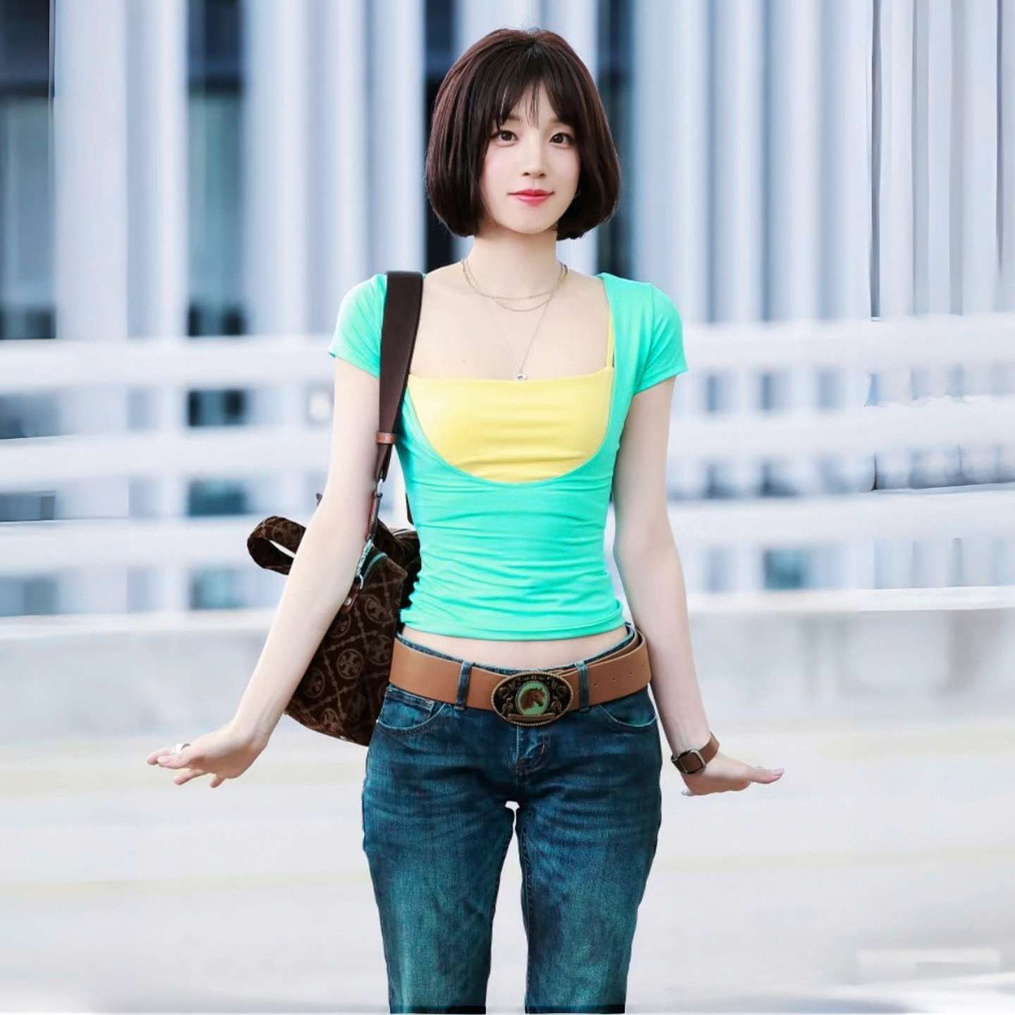 SWEETOWN甜酷少女#薄荷绿撞色百搭露脐吊带背心短袖T恤上衣两件套图片