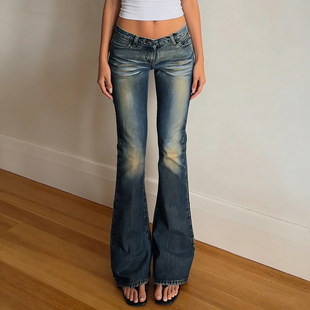 SWEETOWN千禧风复古泛黄低腰微喇裤小众百搭紧身显瘦休闲牛仔裤女