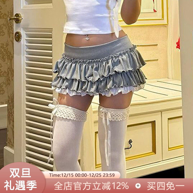 SWEETOWN少女格雷系纯欲甜辣妹百褶短裙学院风蕾丝边显瘦A字半裙