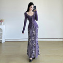 荷叶边方领上衣包臀鱼尾花卉长裙 复古套装 SWEETOWN紫罗兰 新中式