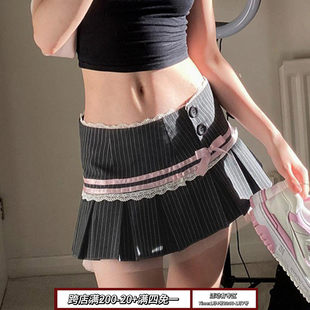 SWEETOWN甜心猎手#法式复古条纹拼色A字半身裙蝴蝶结蕾丝百褶短裙