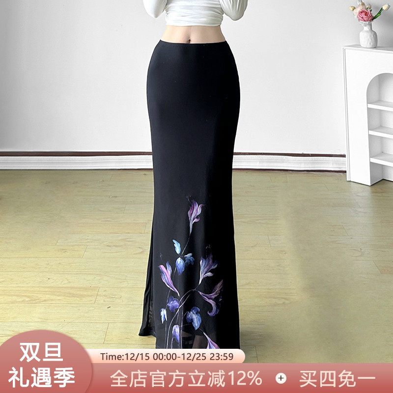 SWEETOWN岸紫汀兰#古着花卉印花垂感包臀长裙小众辣妹复古半裙女