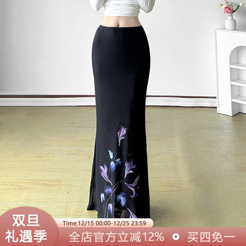 SWEETOWN岸紫汀兰#古着花卉印花垂感包臀长裙小众辣妹复古半裙女